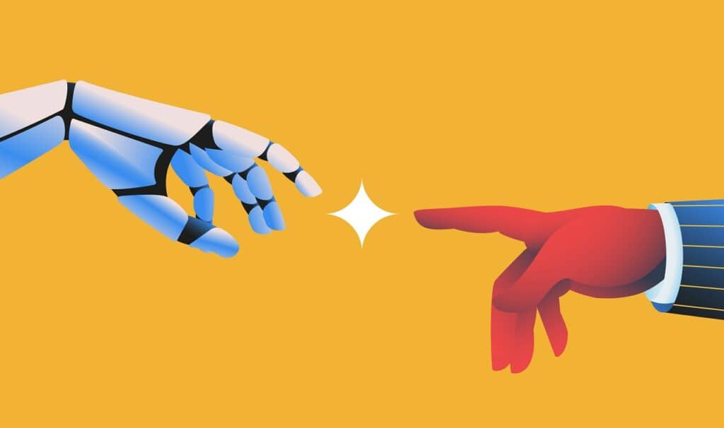 Is Marketing A Good Career In The Age Of AI 2023 Robot hand touching human hand. Artifical intelligence concept. Vector illustration.