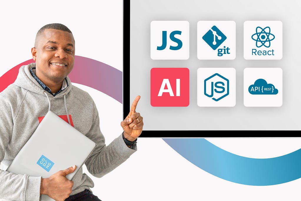 Is Web Development Dead in the Age of AI young man in hoodie pointing to programming languages JavaScript React Node.js API