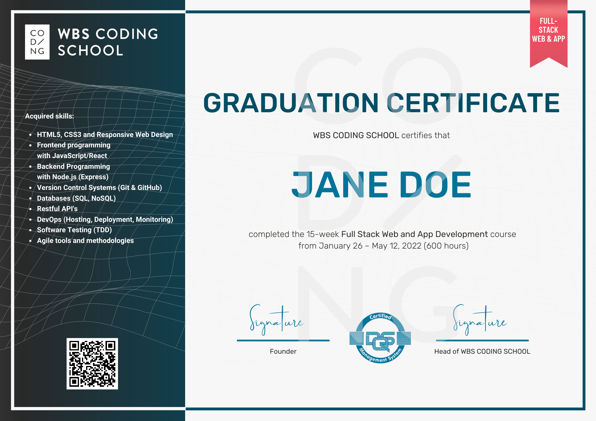 Web Development bootcamp sample certificate