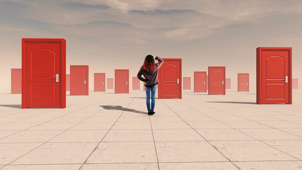 web development Confused woman standing in front of multiple doors . The concept of hard choices.