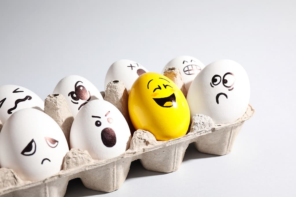 web development Yellow smiley egg among others with negative emotions in package on light background