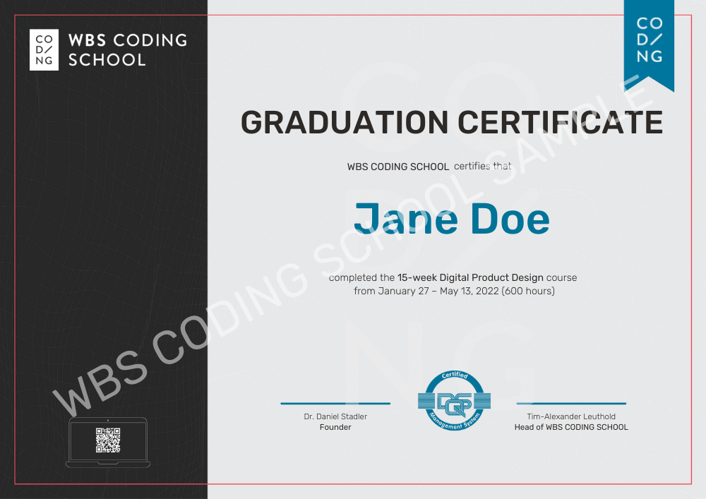 A sample certificate issued for Jane Doe.